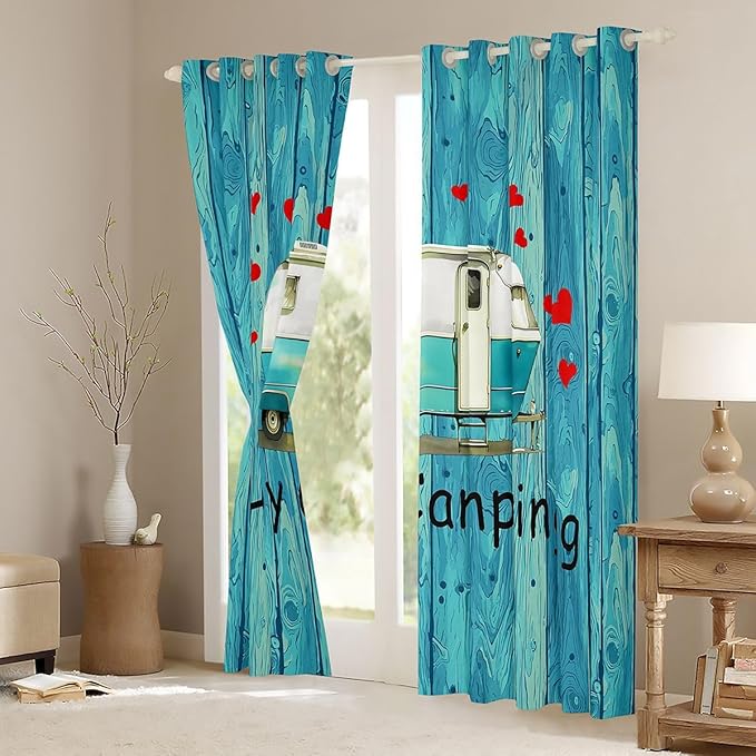 Erosebridal Happy Camping Window Drapes Cartoon Camper Blackout Curtains 38" Wx54 L RV Camper Decor Curtains for Bedroom Living Room,Vintage Farmhouse Window Treatments 2 Panels