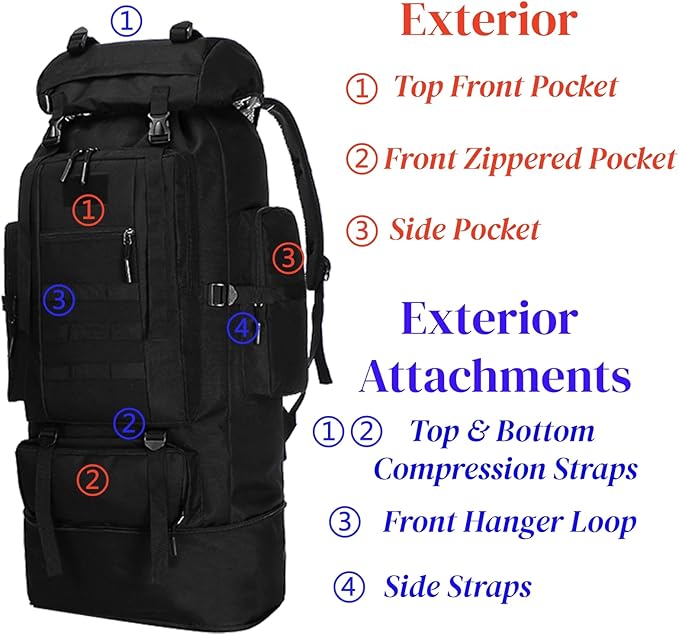 Goaste 100L Camping Hiking Backpack, Molle Military Tactical Rucksack, Waterproof Large Travel Daypack, Adjustable Survival Hunting Sports Bag for Men and Women Hiking, Camping, Touring(Black)