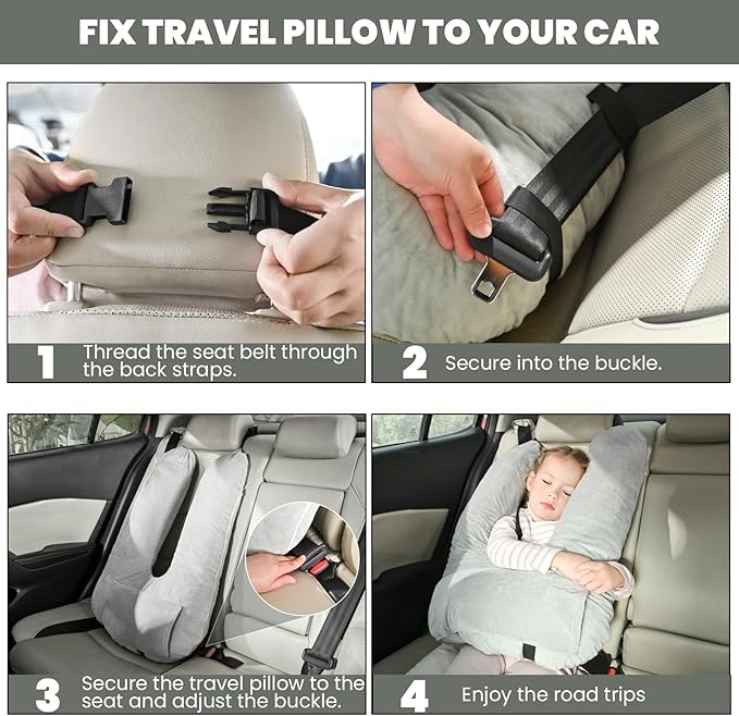 Travel Pillow Car Pillow for Kids, Car Sleeping Pillow for Adults and Kids Support Head and Neck on Road Trips Gray