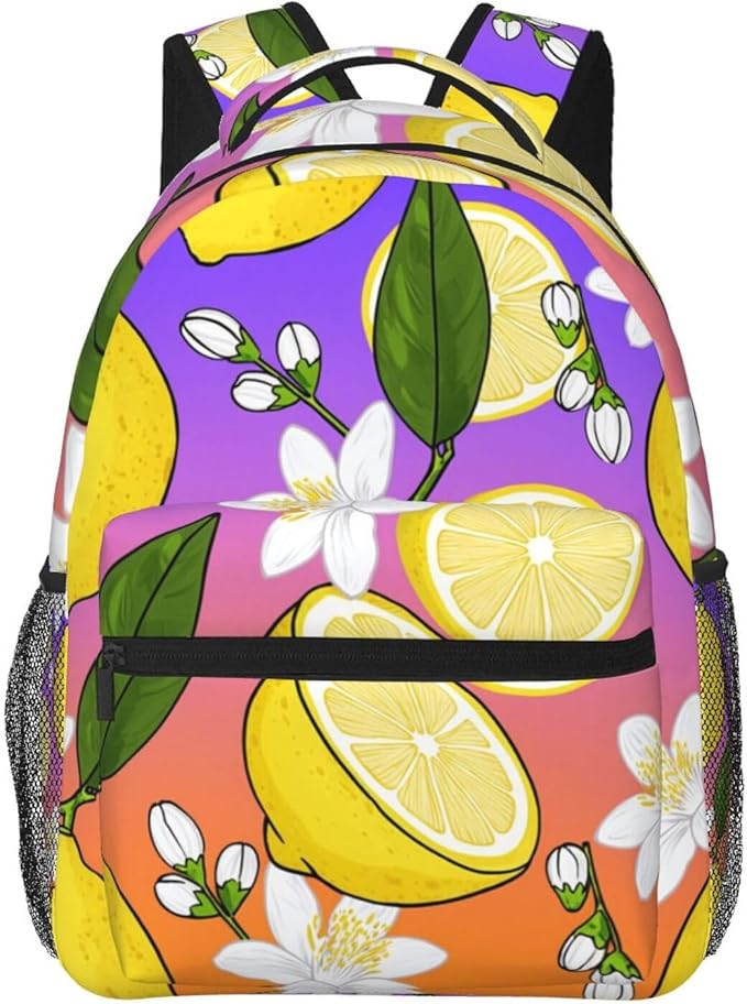Polyester Daypack Backpack for Sports Travel Running, Big Capacity Anti-Theft Multipurpose Carry On Bag, Lemon Fruits Summer Ornament Art Laptop Book Bag Rucksack