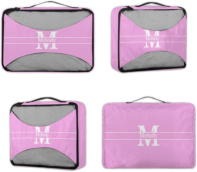 Personalized Name 4 Set Packing Cubes Pink Luggage Packing Organizers Travel Accessories for Women Girls with Initial Letter