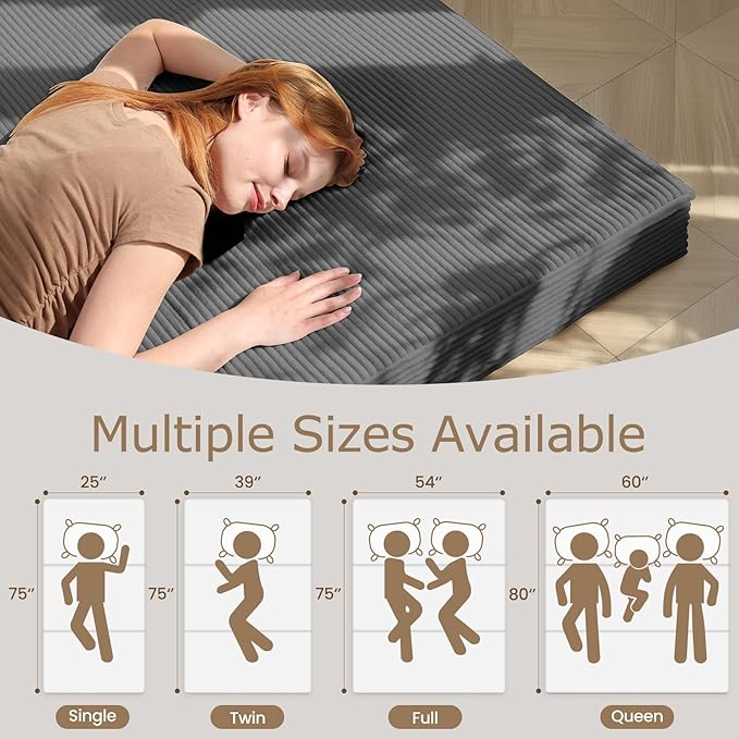 6-Inch Tri-Fold Mattress Queen Size - Foldable Futon Sofa Bed with Removable Washable Cover, Folding Memory Foam Futon Mattress | Non-Slip Bottom & Carry Handles for Guest, Camping, Dorm