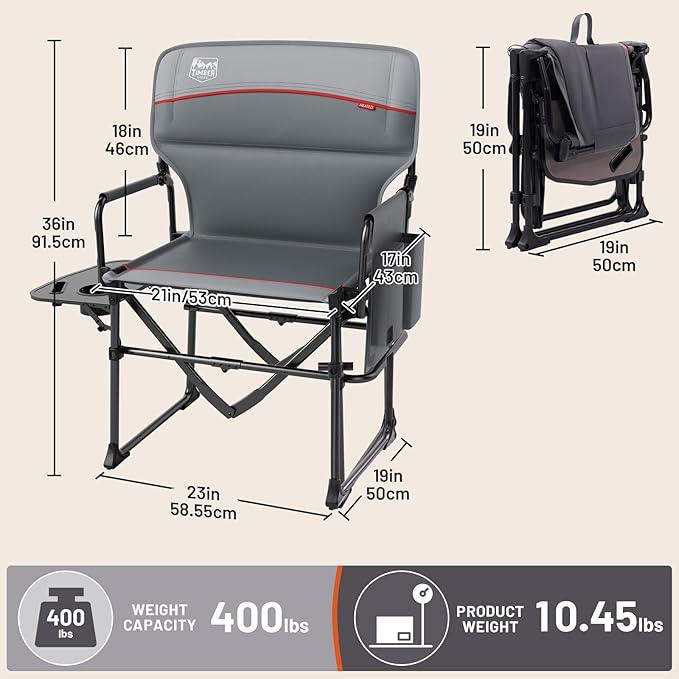 TIMBER RIDGE Heavy Duty Aluminium Heated Camping Chair with Compact Size, Portable Directors Chair Supports Up to 400lbs with Side Table and Pocket for Camping, Lawn, Sports (Power Bank not Included)