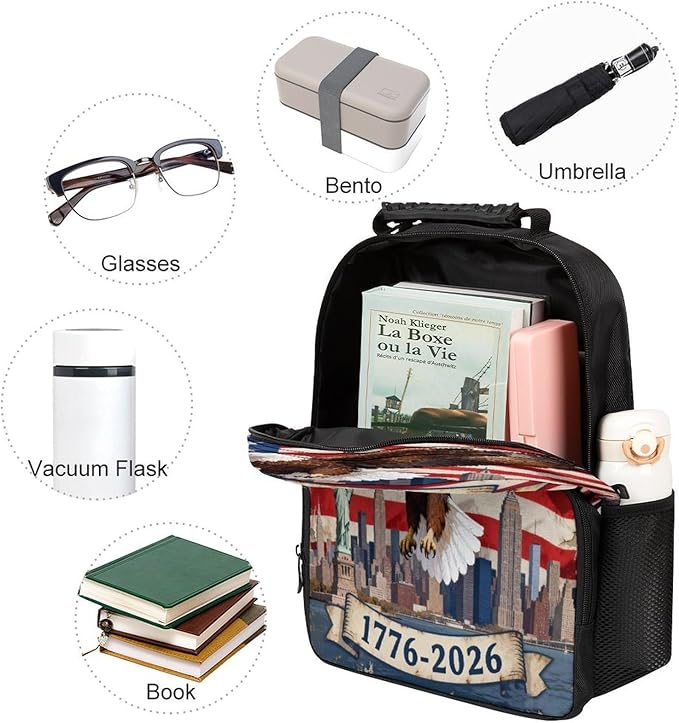 Men Women Polyester 250th Anniversary 1776-2026 Patriotic Eagle Art Backpack Large Capacity Bookbag With Smooth Zippers for Climbing Picnic Bicycle