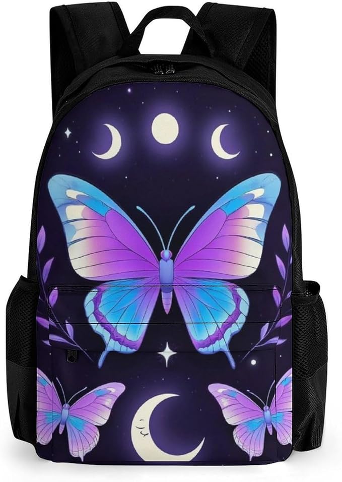Polyester Daypack Backpack for Sports Travel Running, Big Capacity Anti-Theft Multipurpose Carry On Bag, Magic Moon Moth Mystical Goth Astrology Art Laptop Book Bag Rucksack