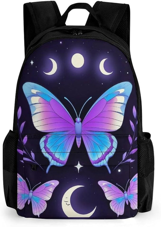 Polyester Daypack Backpack for Sports Travel Running, Big Capacity Anti-Theft Multipurpose Carry On Bag, Magic Moon Moth Mystical Goth Astrology Art Laptop Book Bag Rucksack