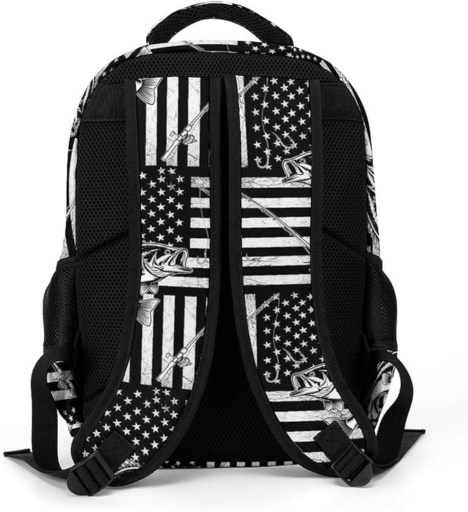 Waterproof Hiking Backpack Black And White American Bass Fishing Flag, Anti Theft Travel Laptop Rucksack with Multi Compartments for Men Women Outdoor Sports