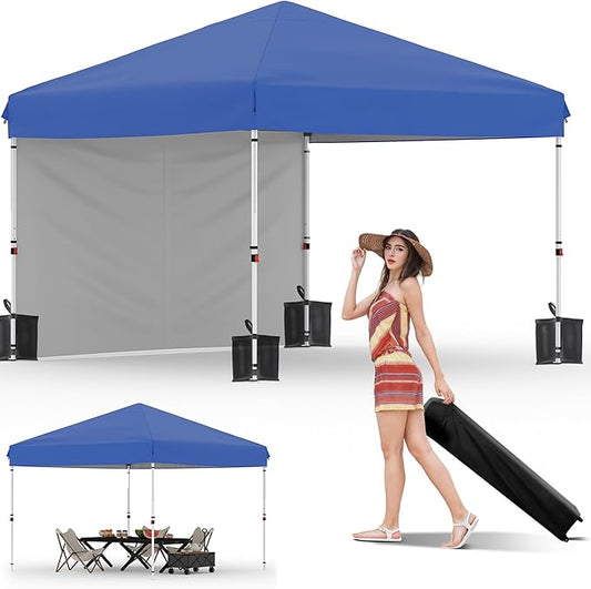 Garvee 10x10 Pop Up Canopy Tent with 1 Removable Sidewall, Heavy Duty Commercial Instant Shelter with One-Person Setup, UPF 50+ Waterproof, 100 Sq Ft Shade for Outdoor Events, Camping, Farmers Market