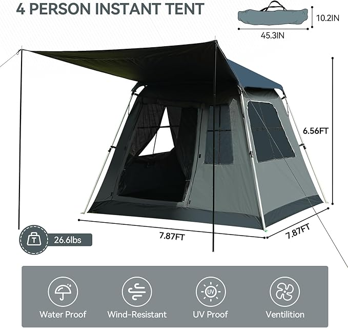 Instant Pop-Up Camping Tent with Removable Sunshade - 3-4 Person Dome Tent with UV Protection & Ventilation, Waterproof Windproof for Beach, Hiking, Outdoor.