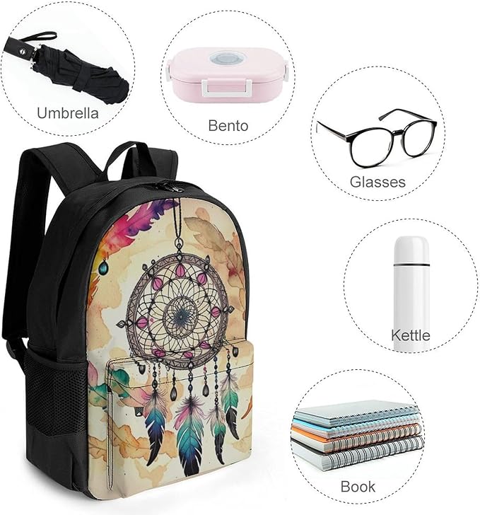 Polyester Daypack Bookbag for Gym Business Bicycle, Large Capacity Multipurpose Anti-Theft Carry On Bag, Vintage Dreamcatcher Travel Hiking Daypack
