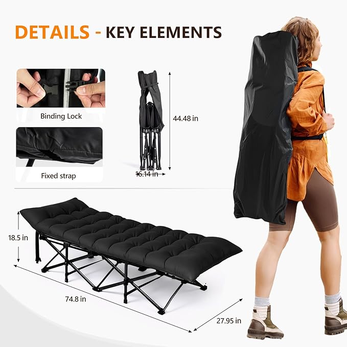 VINGLI Folding Camping Cot Bed,Camping Cots for Adults with Mattress, Cots for Sleeping with Pillow 1200D Layer Oxford for for Guest-Grey & Black