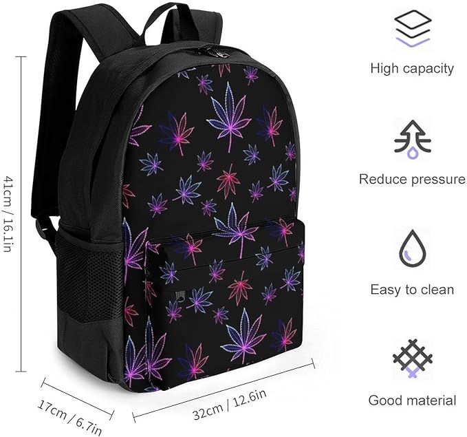 Rucksack Polyester Anti-Theft Multipurpose Trippy Neon Purple Weedleaf Leaf Black Carry On Bag Large Capacity Travel and Sport Backpack Rucksack With Smooth Zippers