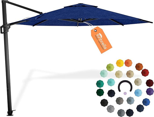 Midtown Umbrellas 10 Ft Outdoor Cantilever Patio Umbrella w/Sunbrella Spectrum Indigo Fabric - 360° Rotate Offset Patio Umbrella, Deck Patio Umbrella, Backyard Umbrella & Garden Umbrella - Black Frame