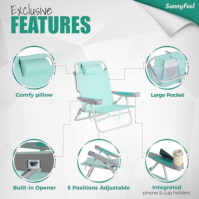 SUNNYFEEL Extra Wide Low Beach Chair 5 Position Lay Flat 500 LBS Heavy Duty, XL Oversized Portable Folding Camping Chairs with Cup Holder for Outdoor/Trip, Lightweight Backpack Beach Chair for Adults