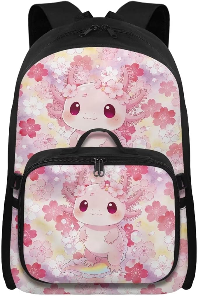 HUGS IDEA Cute Axolotl Kids Backpack with Matching Lunch Box for Girls Cute Backpack for School Girls School Bag Set for Elementary Students Kids Casual Camping Hiking Daypack