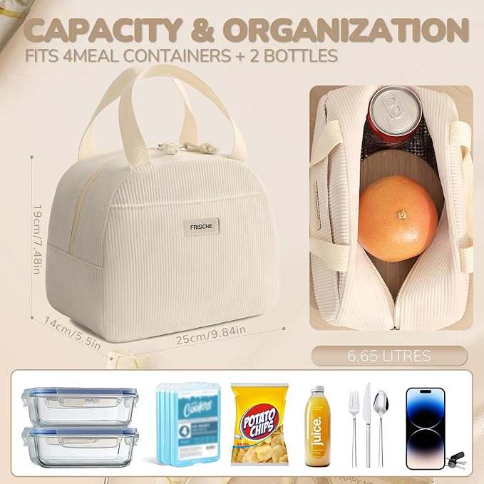 Lunch Bag for Women Men Cute Corduroy Lunch Tote Bags Reusable Insulated Lunch Box Large Capacity Reusable Insulated Cooler for Work/Picnic/Travel