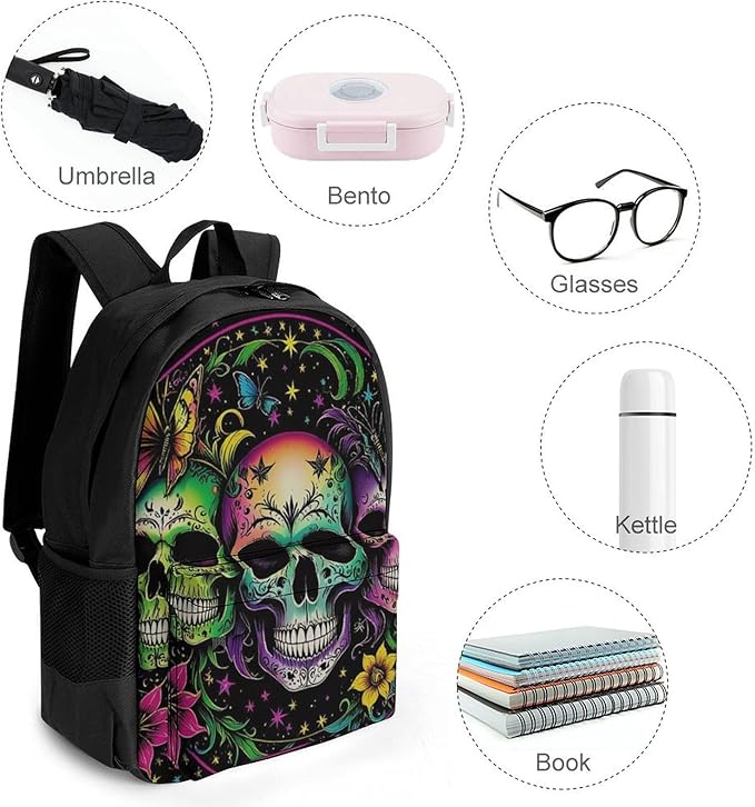 Supdreamc Men Women Lightweight Psychedelic Skull Sbutterflies Art Backpack Large Capacity Carry On Bag With Padded Straps for Sports Work Walking Cycling