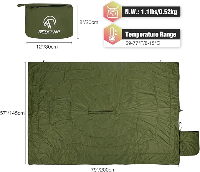 REDCAMP Wearable Camping Blanket Lightweight, Multifunctional Warm Travel Quilt Waterproof, Compact Wearable Poncho with Detachable Hood for Camping, Hiking (Army Green)