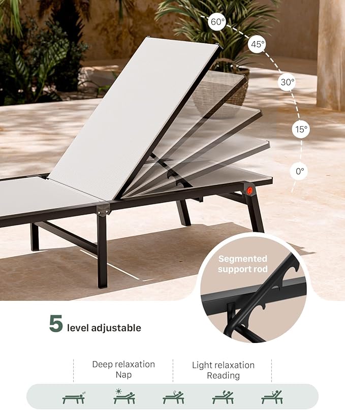 Aluminum Chaise Foldable Patio Lounge Chair Outdoor, Metal Deck Lounger Adjustable 5-Position Recliner Pool Chase Breathable Full Flat Outside Sun Tanning Chairs for Beach/Poolside/Lawn(White, 2Pack)