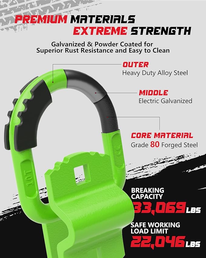 D-Ring Tie Down Anchors with Rubber Isolators, 4 Pack Heavy Duty 10 Ton Capacity Carbon Steel, Bolt-On with Mounting Hardware, Zinc & Powder Coated for Trailer, Truck, Pickup, Garage-Green