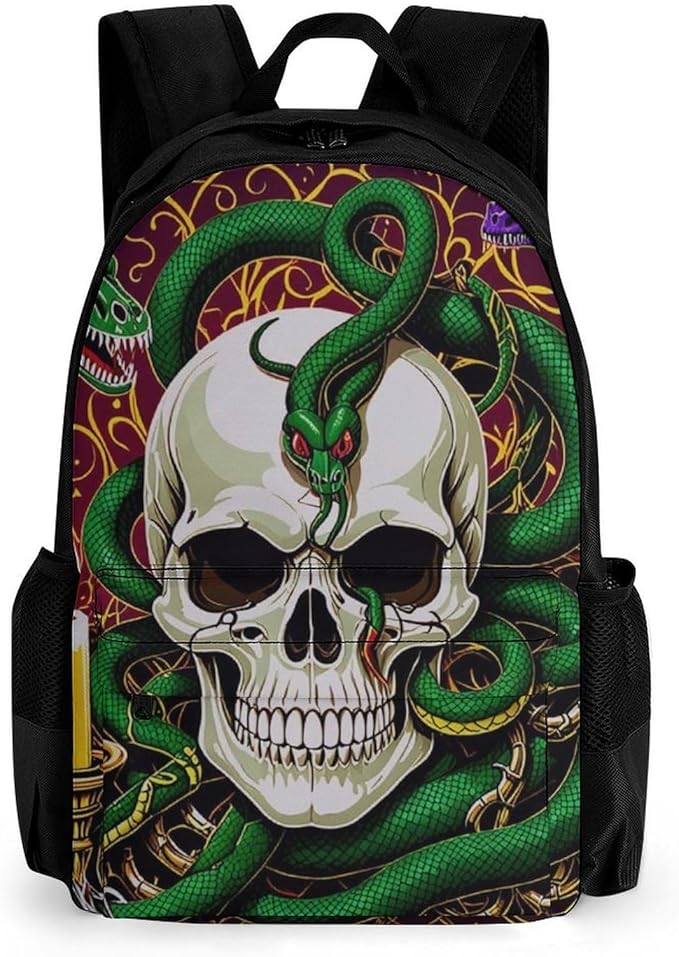 Supdreamc Lightweight Backpack for Gym Travel Bicycle, Big Capacity Multipurpose Anti-Theft Carry On Bag, Medusa Skull Green Snake Art Travel Hiking Bag Day Pack