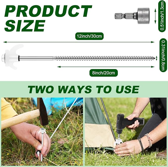 JaGely 10 Pcs 12 Inch Screw in Tent Stakes Heavy Duty Ground Anchors Metal Threaded Spikes Camping Stake Screw in Tent Pegs with Hex Head Driver for Camping Travel Decor Outdoor (Luminous White)