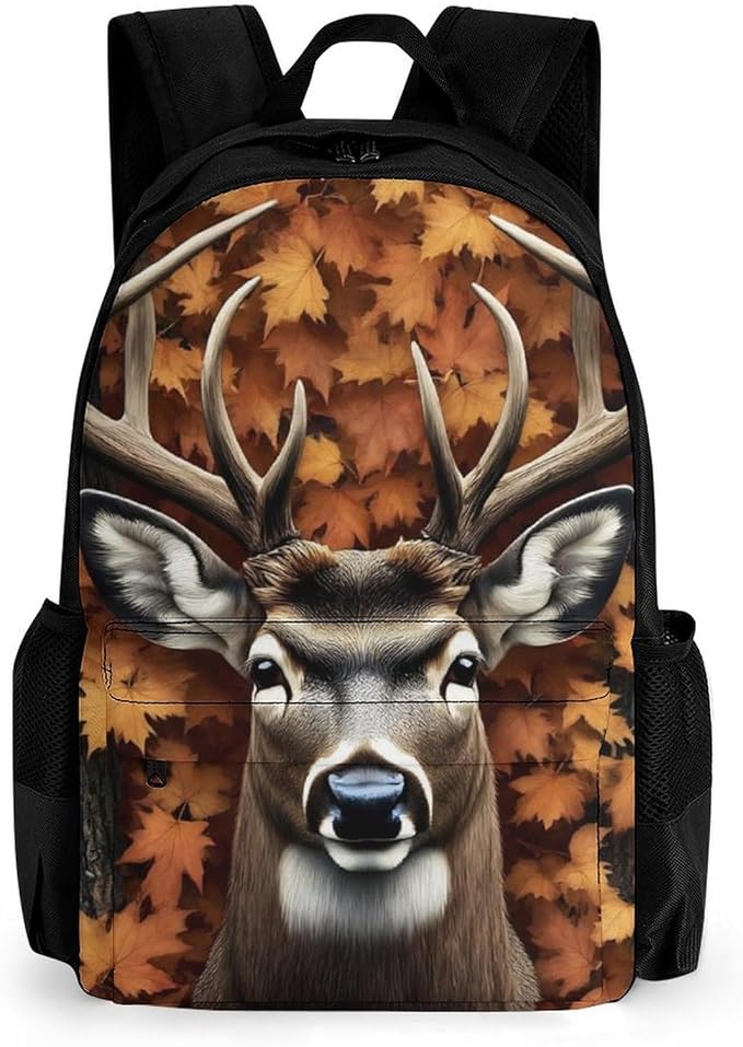 Supdreamc Men Women Polyester Fall Maple Leaves Hunting Camo Tree Deer Backpack Large Capacity Bookbag With Smooth Zippers for Climbing Picnic Bicycle