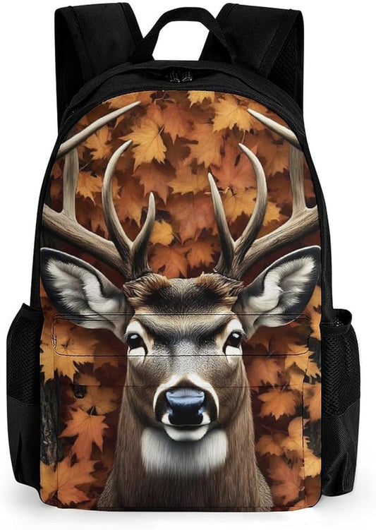 Supdreamc Men Women Polyester Fall Maple Leaves Hunting Camo Tree Deer Backpack Large Capacity Bookbag With Smooth Zippers for Climbing Picnic Bicycle