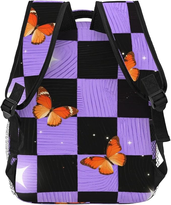 Polyester Daypack Backpack for Climbing Outdoors Running, Big Capacity Multipurpose Anti-Theft Bookbag, Buffalo Plaid Proton Purple Tartan Travel Hiking Camping Rucksack