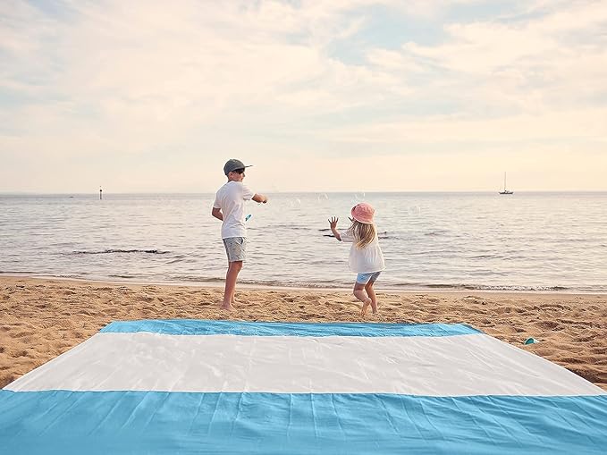 WEKAPO Beach Blanket Sandproof Waterproof, Extra Large Beach Mat, Oversized & Compact Sand Free Mat Quick Drying, Lightweight & Durable with Stakes & Corner Pockets