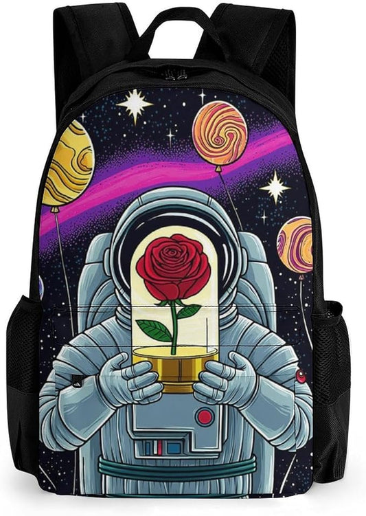 Supdreamc Rucksacks Lightweight Multipurpose Anti-Theft Astronaut Starry Sky Roses Colorful Planet Art Shoulder Bag Big Capacity Traveling Camping Backpack With Side Pockets
