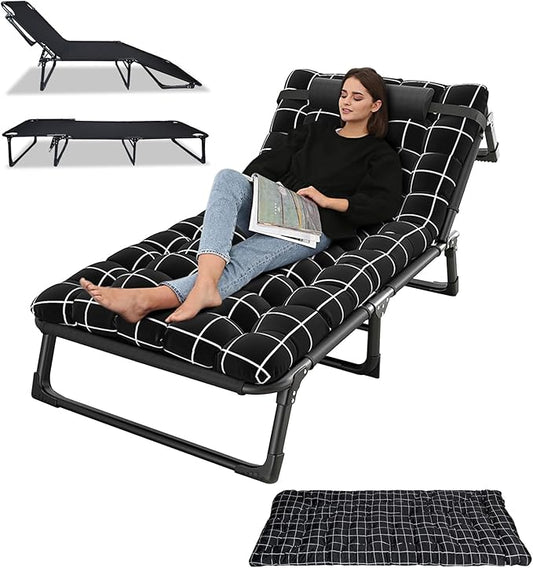 Sleeping Cots for Adults, Adjustable 4-Position Folding Camping Cots, Cots for Sleeping with Mattress, Foldable Cot Bed, Outdoor Lounge Chair for Outside Sunbathing, Hiking, Pool, Beach (Black)