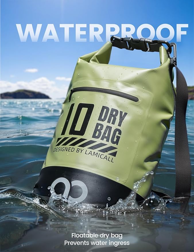 Lamicall Waterproof Dry Bag with Phone Pouch, Floating Roll Top Backpack, 10L, Green