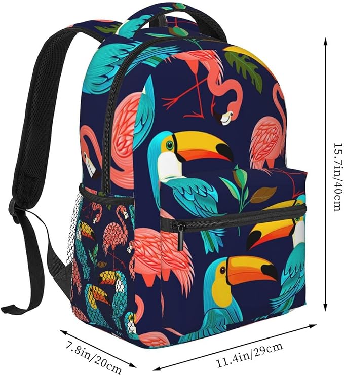 Polyester Daypack Backpack for Climbing Outdoors Running, Big Capacity Multipurpose Anti-Theft Bookbag, Exotic Birds Parrot Flamingo Art Travel Hiking Camping Rucksack