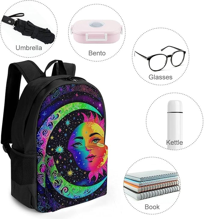 Supdreamc Men Women Polyester Psychedelic Sun And Moon Art Casual Daypack Large Capacity Carry On Bag With Adjustable Shoulder Straps for Camping Work Running