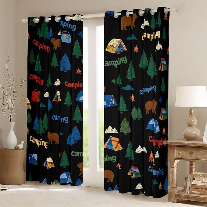 jejeloiu Happy Camping Curtains for Bedroom Living Room Camping Bear 30%-50% Blackout Shades Outdoor Tent Campfire Pattern Room Darkening Curtain Window Treatments, 2 Panels 42 x 63 Inch Decor