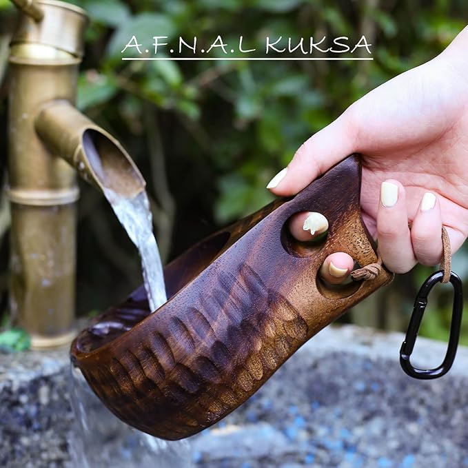 Kuksa Camping Mug Wooden Bushcraft Handcarved Cup, Nordic Style Coffee & Hiking Kuksa, Walnut Wood with Engraved Pattern, Trunk Style, 6.7 oz., 6.3" x 3.8" x 2.4"