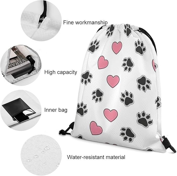 Yoga Drawstring Bag Gym Sackpack String Backpack Waterproof for Sports Beach Swimming Lightweight Men Women, Cat And Dog Paw Print With Claws Bags