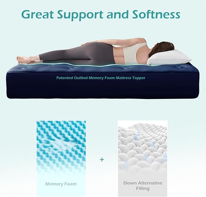 Hansleep Memory Foam Mattress Pad Topper King, King Size Mattress Topper Viscose Derived from Bamboo, King Foam Bed Mattress Pad Cover for Back Pain Relief, 78" x 80", Navy Blue