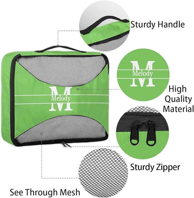 Personalized Packing Cubes, Set of 4 with Zipper Handles for Women Boys, Custom Name Travel Suitcases Luggage Packing Organizers, Lime Green Background with Initial
