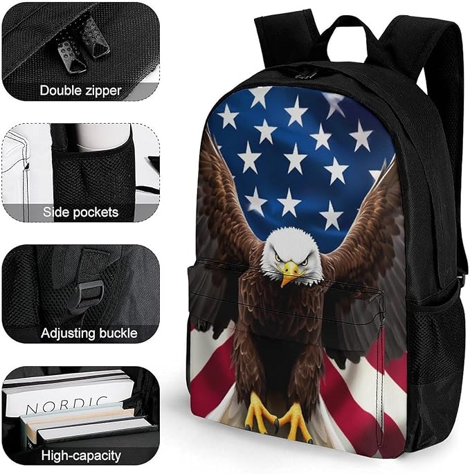 Supdreamc Lightweight Daypack for Camping Business Walking Cycling, Large Capacity Anti-Theft Multipurpose Bookbag, American Eagle Flag Gym Outdoor Hiking Backpack