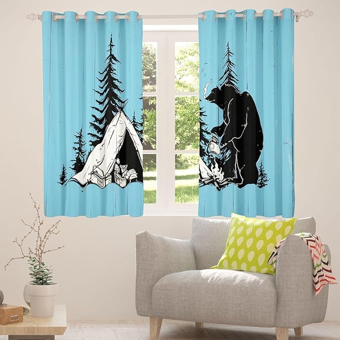 Feelyou Camper Theme Curtains for Bedroom Living Room Cute Tent Bear Blackout Darkening Drapes Camping Decor Window Treatments, 2 Panels 52 x 90 Inch Room Decor