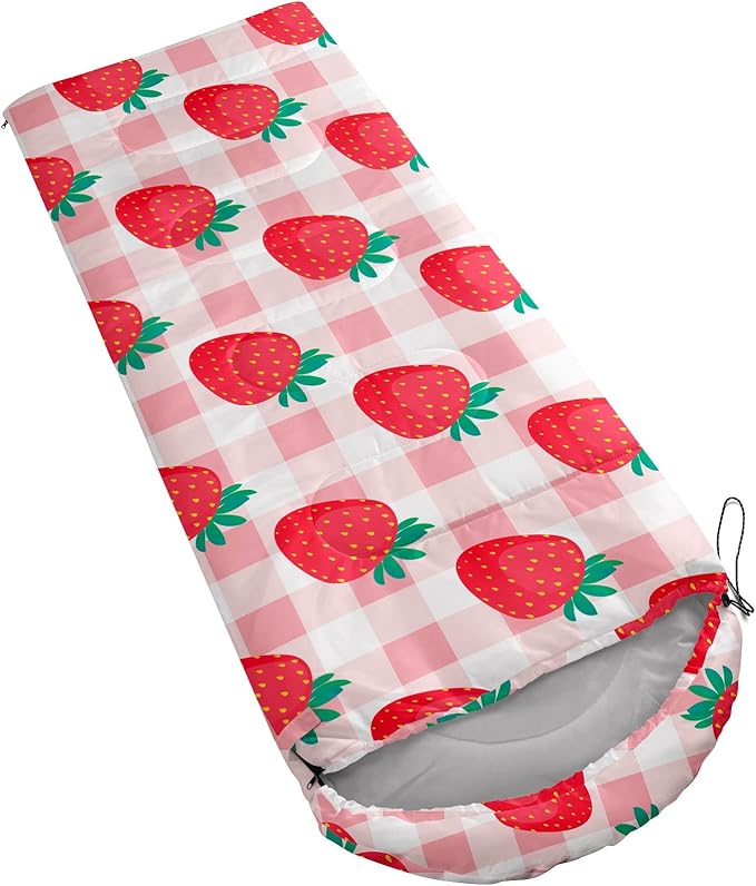 Datura home Kids Sleeping Bag for Girls,Straeberry Pink Grid-Warm Outdoor Indoor-LightweightWaterproof Cold Weather Resistant Sleeping Bag for Camping Hiking(Strawberry 32"*90")