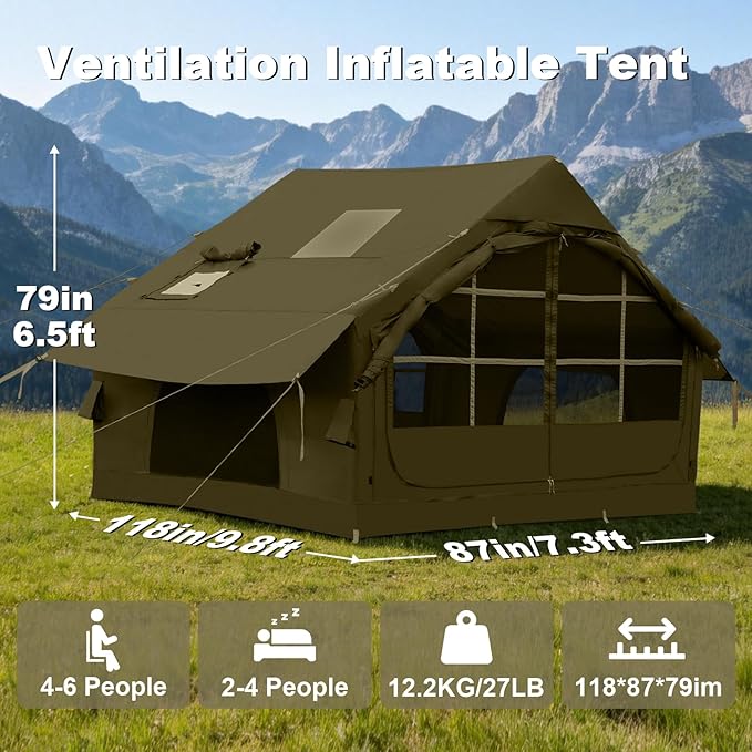 Inflatable Camping Tent,2/4/6/8 Person Glamping Inflatable Tents with Awning, Quick Setup Blow Up Tents with Pump, Waterproof Oxford Inflatable House for Camping, Air Glamping Hot Tents for Adult