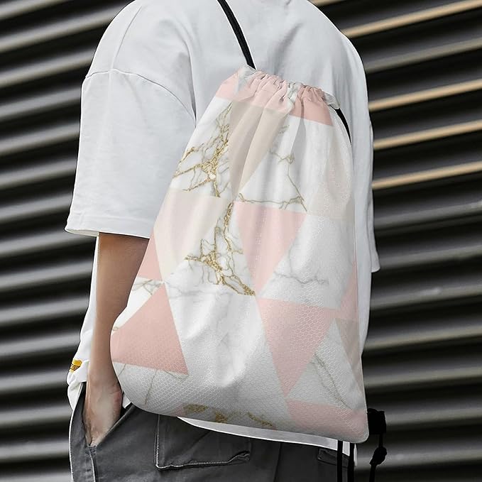 Gym Drawstring Bag Sports Sackpack Waterproof String Backpack with Shoe Compartment for Hiking Swimming Training, Rose Gold Grey Marble Bags