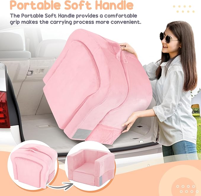 Toddler Travel Bed, 2-in-1 Foldable Portable Toddler Bed Sofa Chair, Soft Baby Kids Travel Floor Cot with Washable Covers Safety Foam Raised Bumper for Camping Hotel Sleeping (Pink)