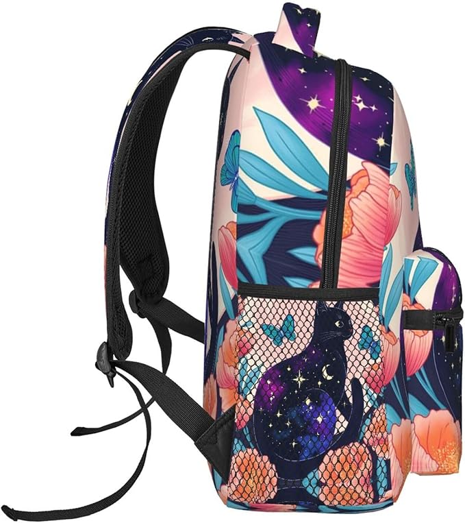 Polyester Daypack Backpack for Trekking Picnic Walking Cycling, Large Capacity Anti-Theft Multipurpose Shoulder Bag, Black Cat Flower Butterfly Starry Sky Dream Scene Art Casual Daypack