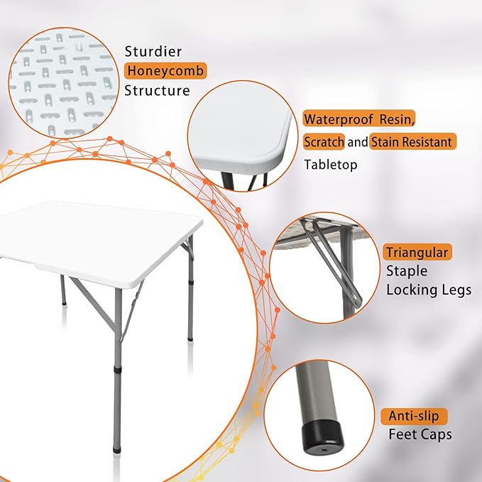 34 Inch Square Folding Table - Resin Square Card Table with Handles, Fold-in-Half, Indoor Outdoor Use for Crafting, Puzzles, Camping, Picnics, Parties and Utility