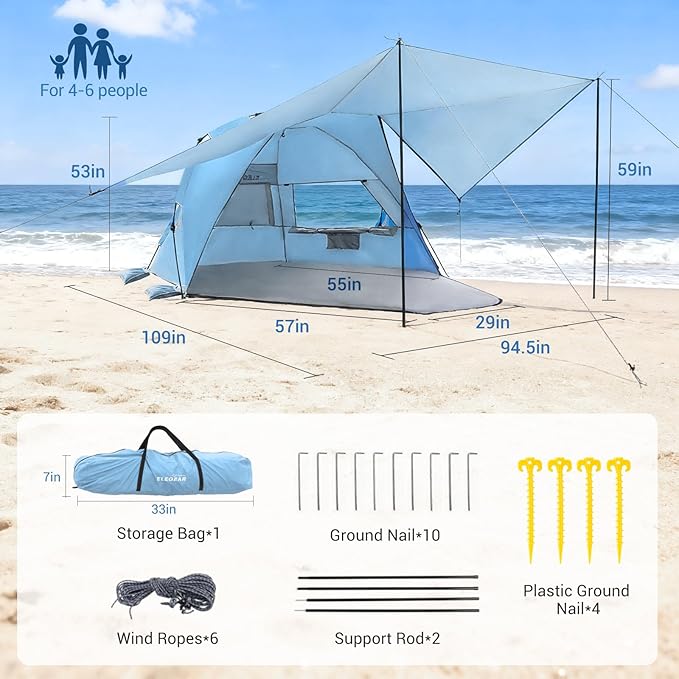 Elegear CumbreX™ Beach Tent with 360° Removable Canopy, 4-6 Person Pop Up Sun Shade Shelter, UPF 50+ Automated Installation Double Silver Coating Portable Lightweight Beach Cabana for Beach/Outdoor