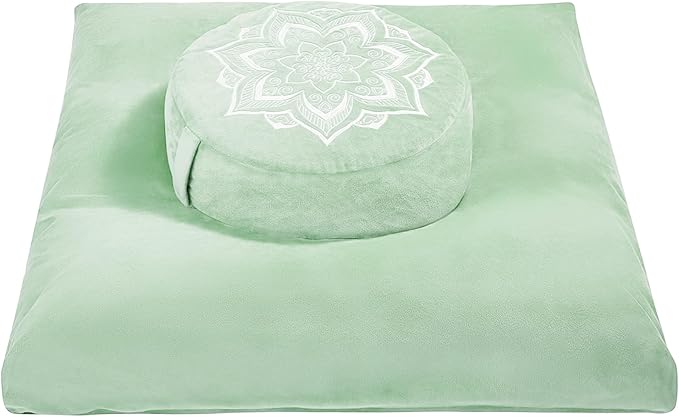 Meditation Zafu Cushion Set with Buckwheat Hulls & Memory Foam - Ergonomic Support for Yoga & Sitting - Removable Machine-Washable Luxury Velvet Cover - for Adults and Kids (Sage Green)